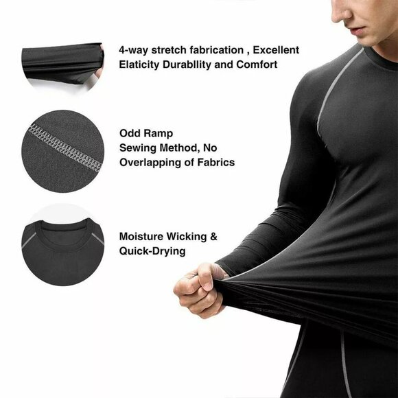 Men Compression Training Shirt Thermal Underwear Layer Workout Tops Long Sleeves - Picture 4 of 10